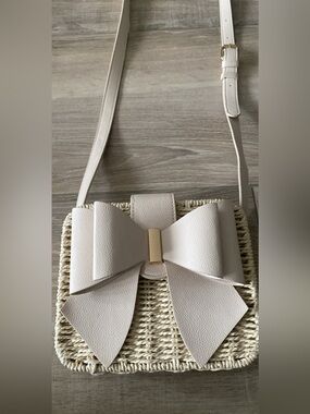 Cream Bow Accent Woven Crossbody Bag - Women